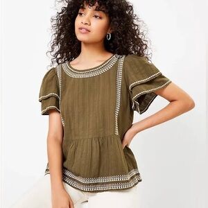 LOFT Olive Green Ruffle Sleeve Top | Size S